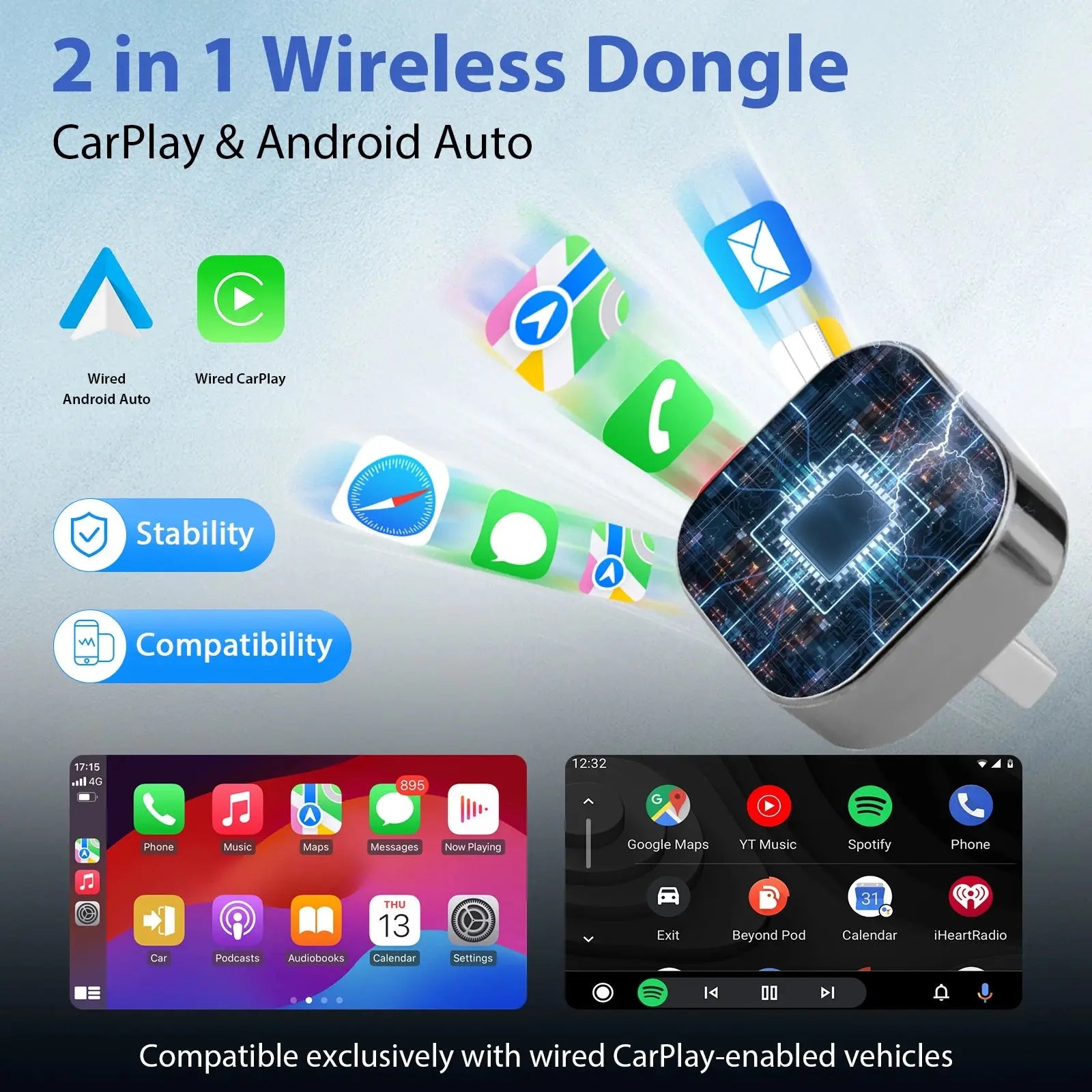 Nuovo adattatore wireless CarPlay Pionray 2 in 1 e adattatore wireless Android Auto, WiFi 5Ghz Type-C/USB Plug Play CarPlay Wireless