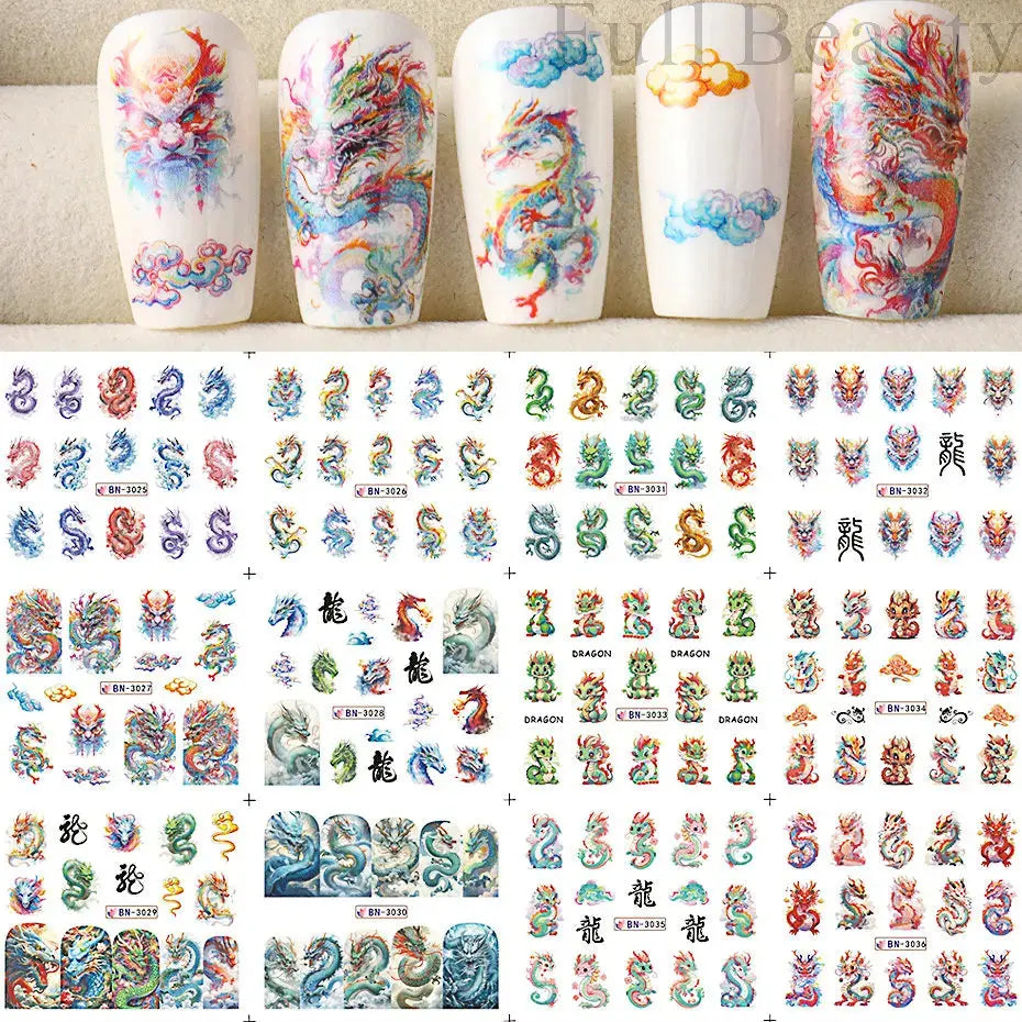 Adesivi per unghie ad acqua con decalcomania del drago Cursore di design per unghie di Capodanno Sfregamento su adesivi per trasferimento Decorazione Accessori per manicure Strumento
