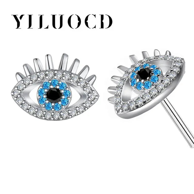 YILUOCD 925 Sterling Silver Zircone Blu Evil Eye Orecchini con perno per le donne Semplice Demon Eyes Piercing Gioielli Regalo di Capodanno