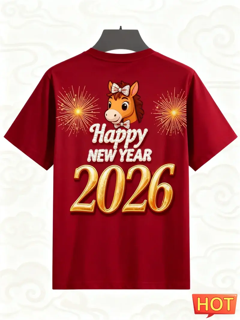 2026 Felice Anno Nuovo Lettere Modello Cavallo T-shirt Moda Alla Moda Uomo Donna 3D Stampato T-shirt Allentato Streetwear Girocollo Tees