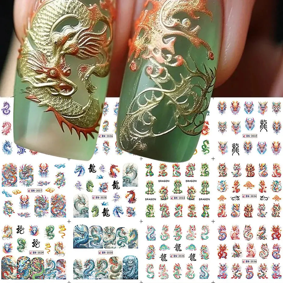 Adesivi per unghie ad acqua con decalcomania del drago Cursore di design per unghie di Capodanno Sfregamento su adesivi per trasferimento Decorazione Accessori per manicure Strumento