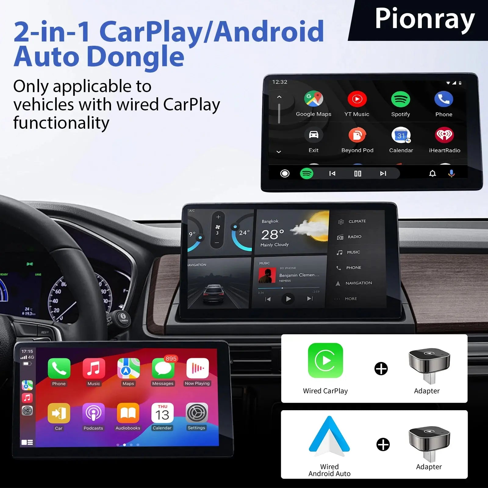 Nuovo adattatore wireless CarPlay Pionray 2 in 1 e adattatore wireless Android Auto, WiFi 5Ghz Type-C/USB Plug Play CarPlay Wireless